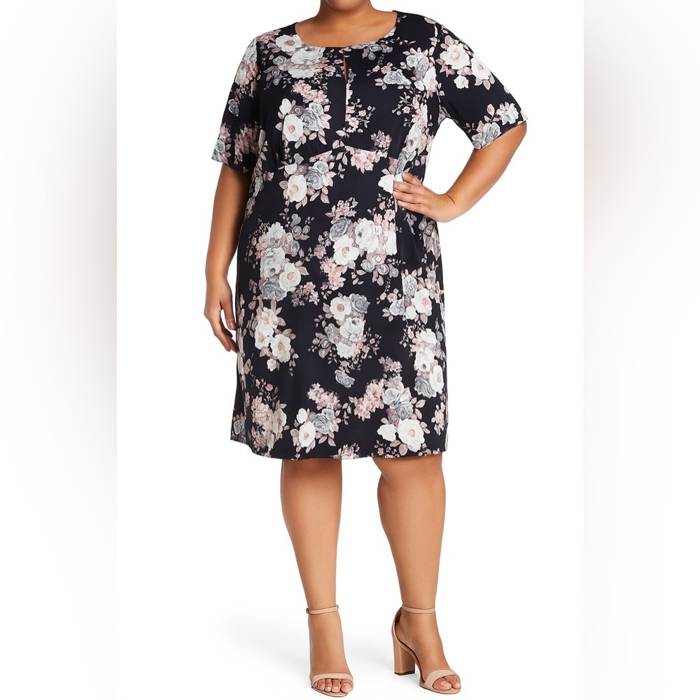 Connected Apparel 20W Floral Empire Waist Knee-Length Dress‎ Navy Pink Purple
